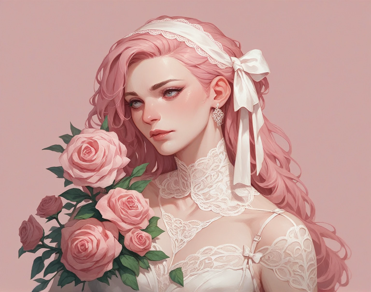 Pink background Lots of satin ribbons Lots of Roses White Lace