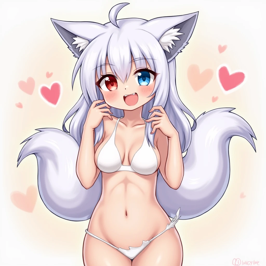 [One Fox Girl, Very Sexy Body, Blue and Red eyes, Heart, White Hair, Female Long Hair, Male Short Hair, Fluffy, Very Fluffy Body, Big Fox Ears, Two Big Fox Tail, White Angle Wings, velu female, Skinny, cute, Female Very Huge Breast, Breast Tits, Adult, Tall, velu, Sex Pose, Cute, Naked, Very Blushing, Female Pussy]