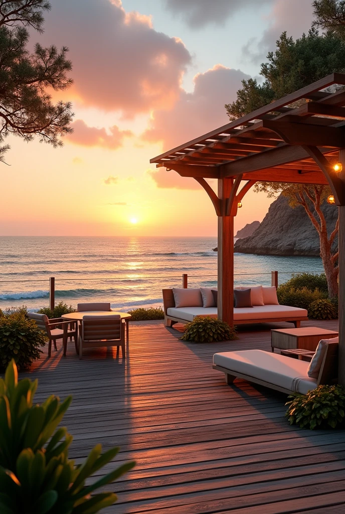 The image is a beautiful landscape photograph of a wooden deck overlooking the ocean at sunset. The deck is covered with a wooden pergola and has several comfortable sofas and tables arranged on it. The sun is setting in the background, casting a warm glow over the scene. The ocean is calm and the horizon is visible in the distance. The sky is a mix of orange and pink hues, indicating that it is either sunrise or sunset. There are trees and plants scattered throughout the deck, adding to the peaceful atmosphere. The overall mood of the image is peaceful and serene.