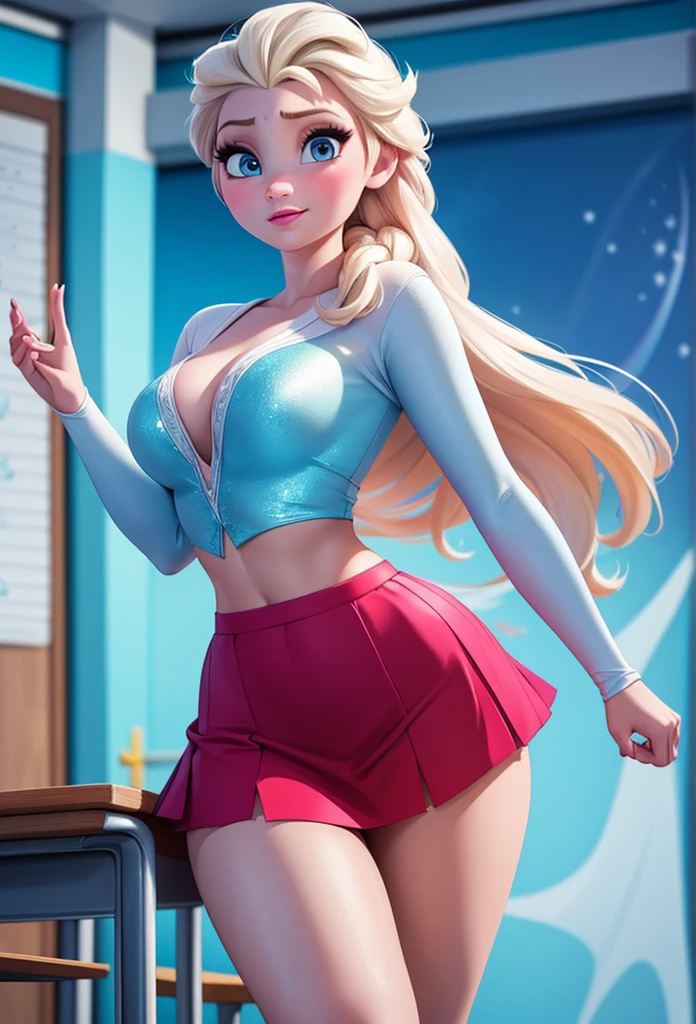 Masterpiece,Solo,1girl,Elsa,(Frozen),Big Breasts,Perfect Body,Ultra High Quality,Ultra High Resolution,Ultra Detailed,Photograph 8K,Theme Cheerleaders,Beautiful,Beautiful Girl,Classroom Background,Cheerleaders Suit Japanese,Short Skirt,Classroom Background