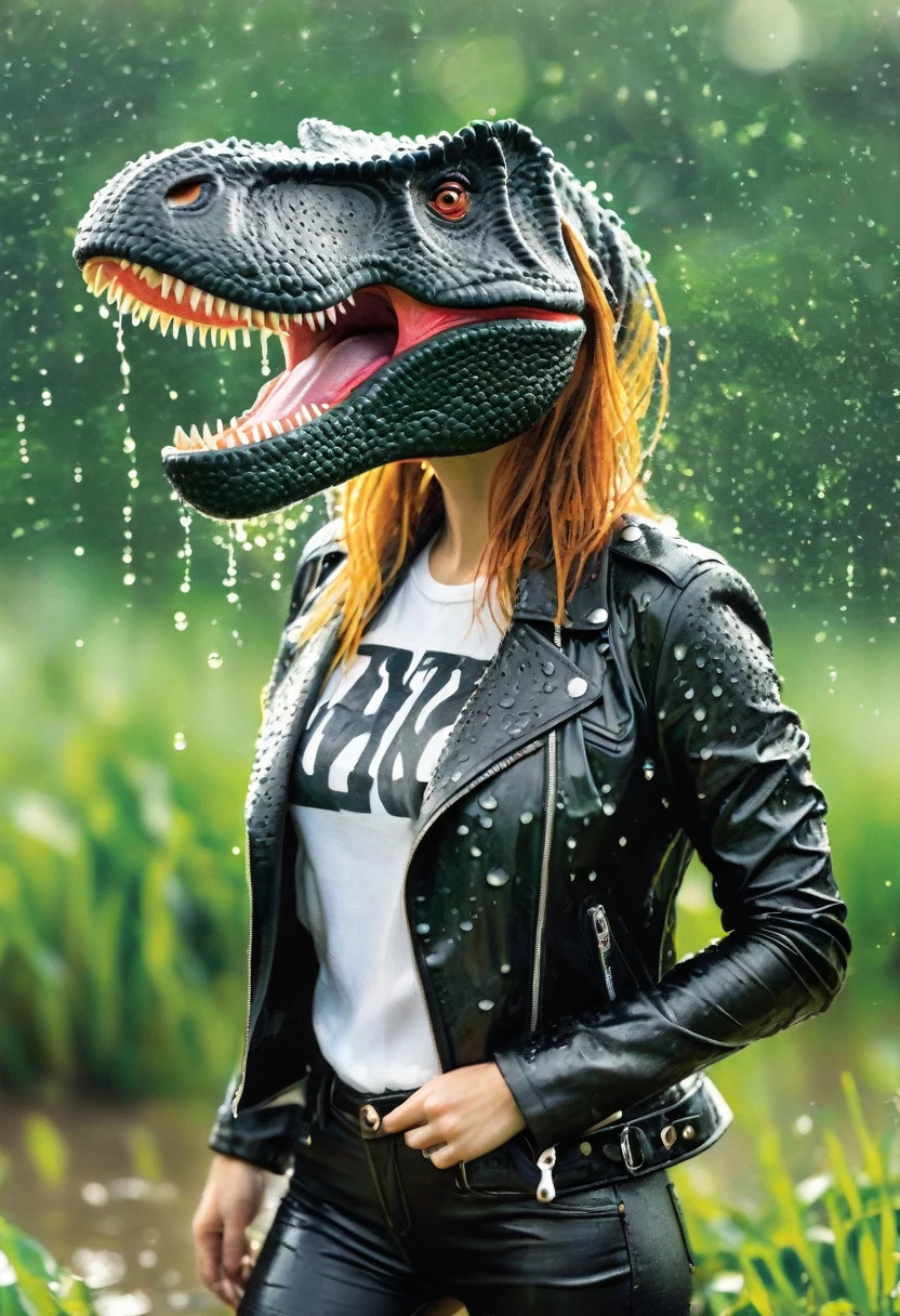 Fashion Magazine Cover,Fierce Tyrannosaurus(Wearing black leather jacket),,(No humans),E7E48U,Wet body,rain, Background grassland