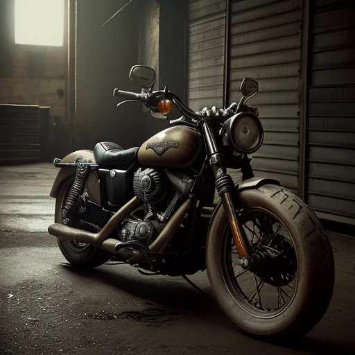 a detailed old Harley Davidson Knucklehead motorcycle, weathered and rugged, rider wearing vintage leather jacket, goggles, and helmet, dramatic moody lighting, gritty industrial urban background, cinematic atmosphere, highly detailed, photorealistic, intricate mechanical components, chiaroscuro lighting, muted color palette