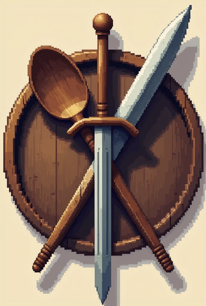 (pixel art 16 bits),circular logo, wooden spoon crossed with a broadsword
