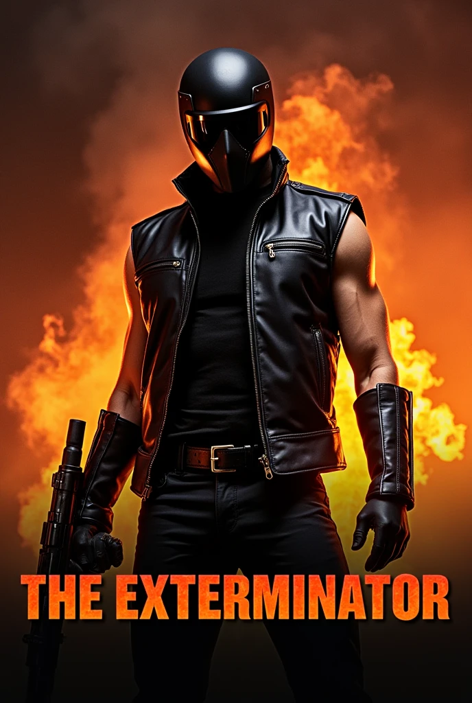 a man, full-face helmet, sleeveless black leather jacket, flamethrower, Movie Poster, title logo "The Exterminator",