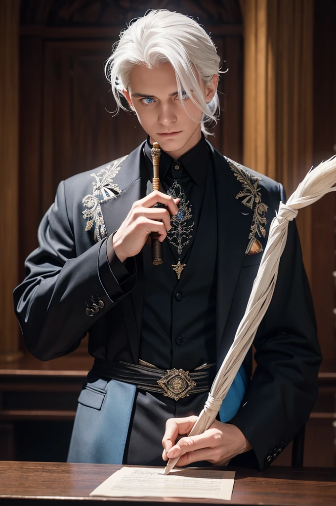 He is a man with blue eyes, a black suit, white hair, medium-length hair tied back, and an average body build. He is holding a short staff with white embroidery on black in his hand. He holds the wand towards the parchment on the table and casts a spell. His entire body can be seen in a dimly lit environment. realistic digital art