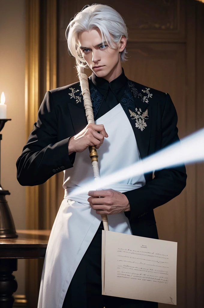 He is a man with blue eyes, a black suit, white hair, medium-length hair tied back, and an average body build. He is holding a short staff with white embroidery on black in his hand. He holds the wand towards the parchment on the table and casts a spell. His entire body can be seen in a dimly lit environment. realistic digital art