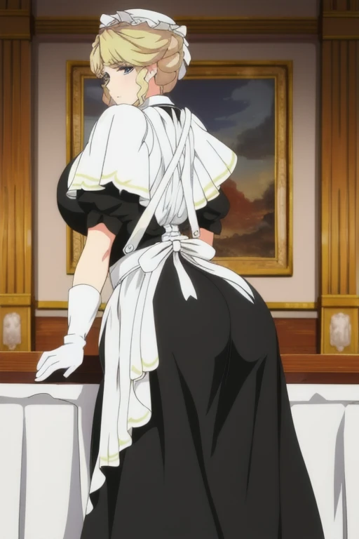 Maria_VM, huge_breasts, standing, solo, VIctorian_Maid_Uniform, masterpiece, best quality, detailed face, detailed eyes, highres, white gloves, long skirt, leaning back, posing, from behind, ass support looking at viewer,