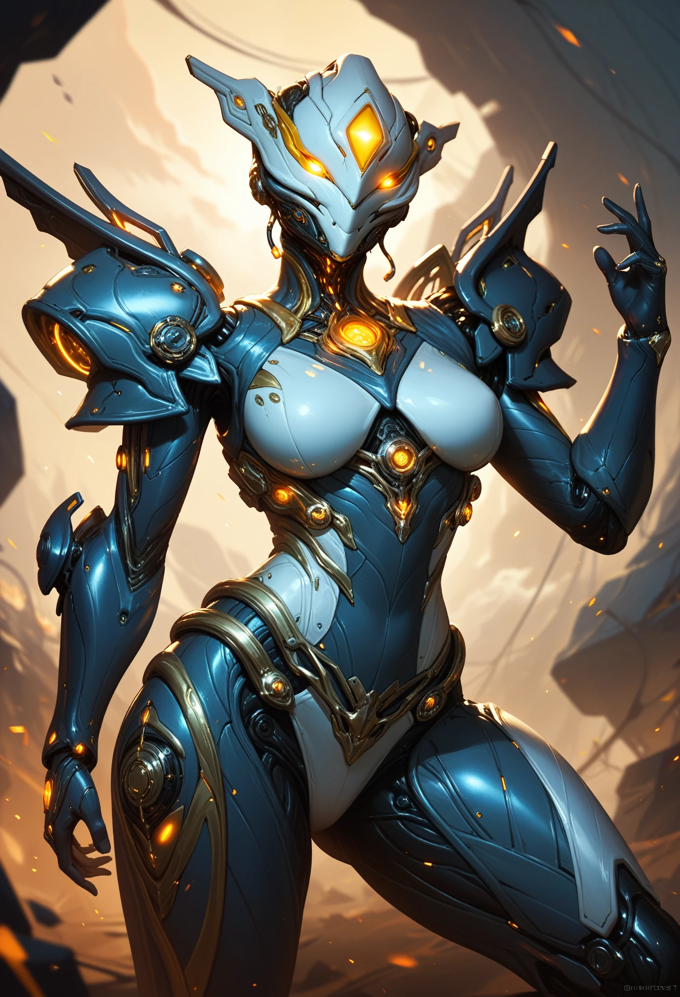 score_9, score_8_up, score_7_up, Wear mechanical clothing, Wonders of the machine, cyber, Cybernetic Guardian, Futuristic Armor, whole body, Front pose, Symmetric, Complex (Steel Metal [rust]), joint, Warframe style, cyborg, Female body and black and white armor,