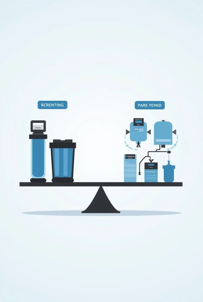 "Please create an image, which represents the decision-making process for phosphate recovery. Show a scale with two options: on the one hand an RO system for rent and on the other hand an RO system for purchase. Label the options with 'with food standard' and 'without food standard'. The scene should appear professional and objective, suitable for a technical or business presentation."