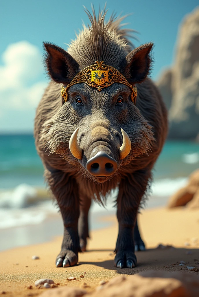 A wild boar wearing a headband with the Corsican symbol on the beach.