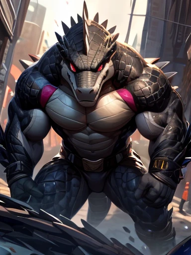 solo, anthro, furry male, crocodile, ((Spiny scales, scales, detailed muscles)), (Crocodile print), black scales, white belly, spiny scales, standing up, mask, valves on mask, bodyguard outfit, black claws, red eyes, slit eyes, slim fit, muscular slim, cracking knuckles, cyber street, busy street, cyber upgrades, crazed look, menacing, raging, angry, detailed eyes, pecs, tail, long tail, looking away, (Masterpiece, by null-ghost, hi-res, 8k), tight green shirt, camo pants, face sideways, leaning forward, oil stain, military outfit, seen from above, upward pov,