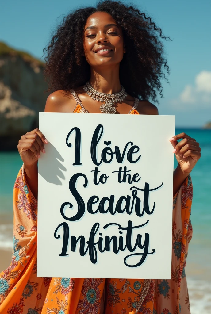 Beautiful super hearo bohemian dress, holding a white board with text "I Love Seaart Infinity" and showing it to the viewer