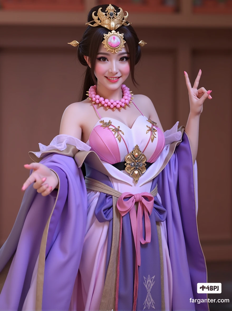 (masterpiece, best quality, 8k, (raw photo:1.2),((photorealistic)), ultra-detailed, highres, extremely detailed), Photo of a attractive woman in diaochan cosplay costume, Kings Impact Diao Chan Cosplay Costume, moderately large breasts, lotus detail, hair accessories, (delicate, gentle pose), pose for photo, (((beautiful eyes))), meticulous makeup, curled eyelashes, ((looking at viewer)), light smile, no background, professional photographer studio lighting, (cosplay character game), ((((((full body))))), (((wide angle))), three of kingdoms