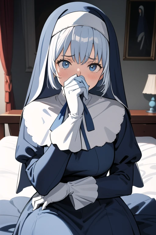 Mature women, nun, blue nun outfit, puffy sleeves, blue cape ,blue long skirt, white gloves, long deep black veil, vail cover her face,(look at viewer), vail covered face, (perfect skin),(no emotion ), anime, room, bedroom, sexy pose