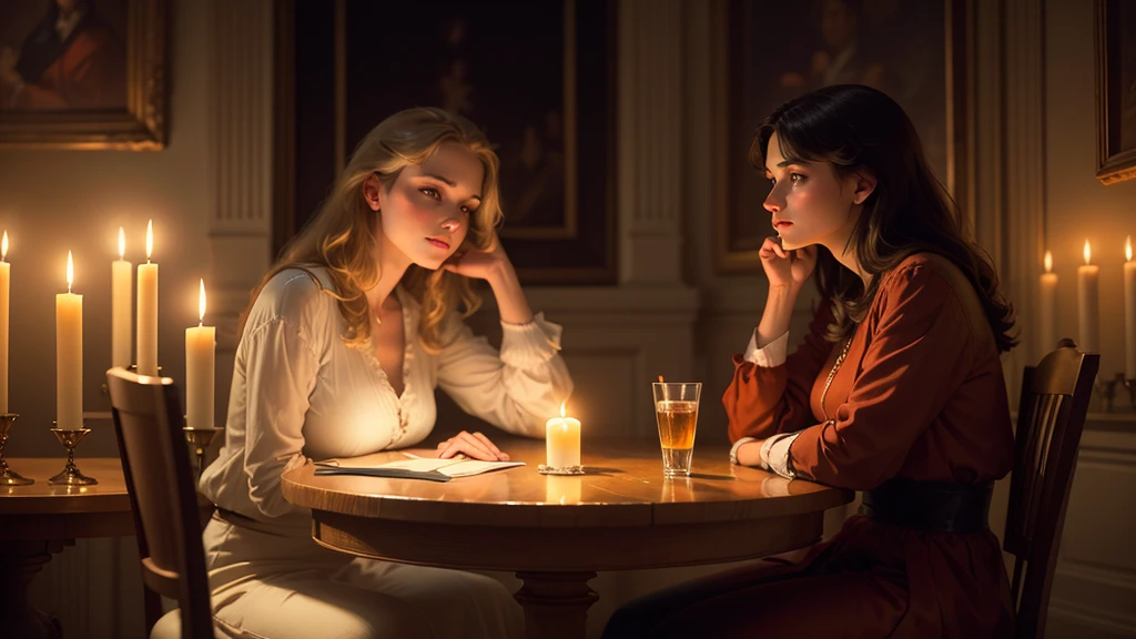 A woman sitting at a table with a candle in her hand, Looking into the distance,Realistic painting by Delphin Enjolras, tumbler, classical realism, Candlelight, Albert Lynch, hildebrandt, Charles Sillem Lidderdale, greg hildebrandt highly detailed, Candlelight, Delphine Anjoras, Candlelighting, Candlelight, lit in a dawn light,Highest quality