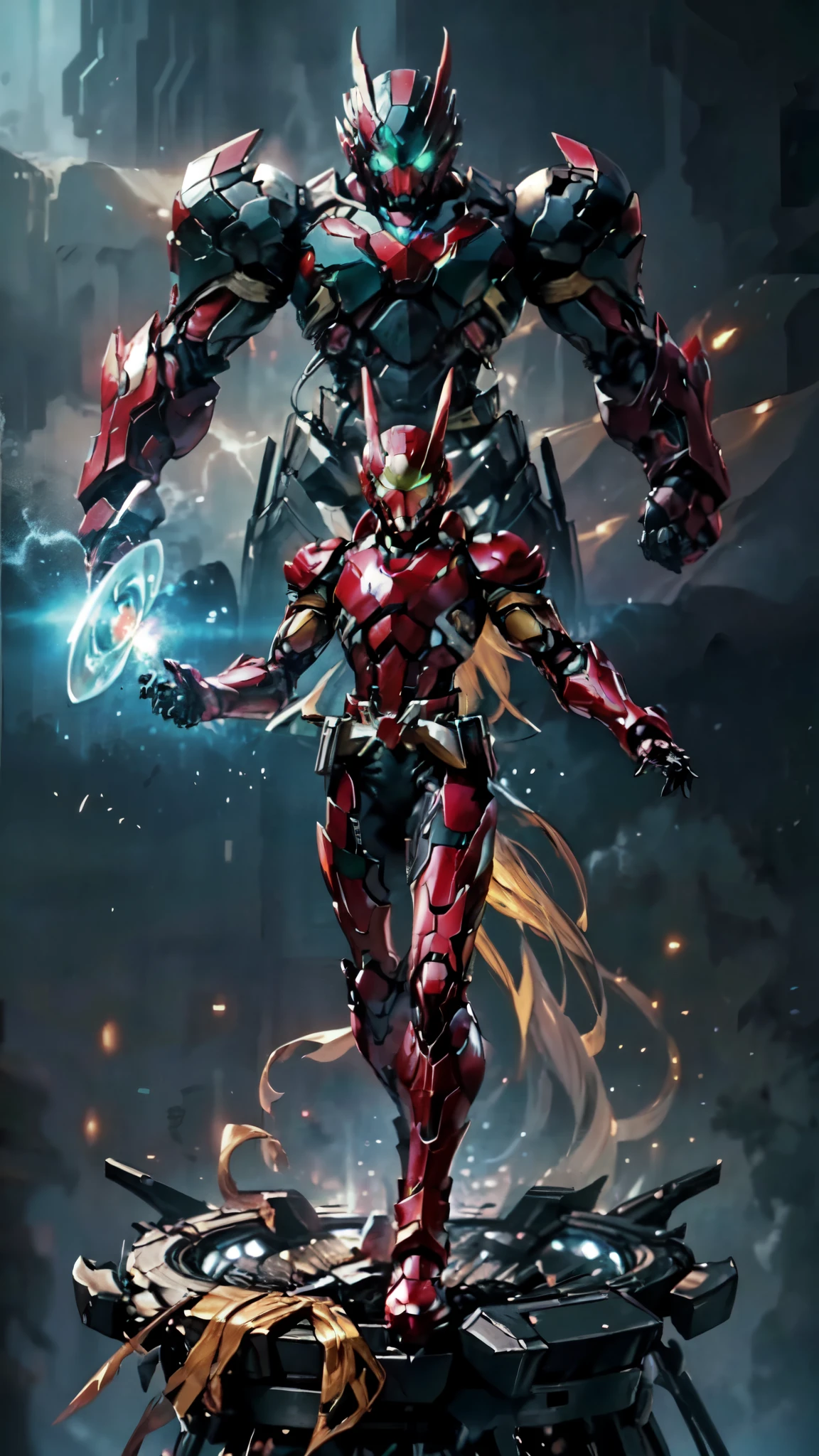 (masterpiece:1.5, best quality:1.5, extremely delicate:1.5), a man wearing a full-face helmet, a fantasy-style biotech armored combat suit, green eyes, (a composite layered chest armor), fully enclosed shoulder guards, matching arm and leg guards, belt of Neon circuit, (the color scheme is primarily black with green and red accents), the design balances heavy with agility, a high-tech bio-mecha armor, (Armor Concept Inspired by Iron Man, stand on the top of a skyscraper in a futuristic sci-fi city), this character embodies a finely crafted fantasy-surreal style armored hero in anime style, exquisite and mature manga art style, (element, plasma, energy, the armor glows), ((male:1.5)), metallic, high definition, highres, ultra-detailed, ultra-fine painting, professional, perfect body proportions, golden ratio, anatomically correct, symmetrical face, extremely detailed eyes and face, high quality eyes, creativity, RAW photo, UHD, 32k, Natural light, cinematic lighting, masterpiece-anatomy-perfect