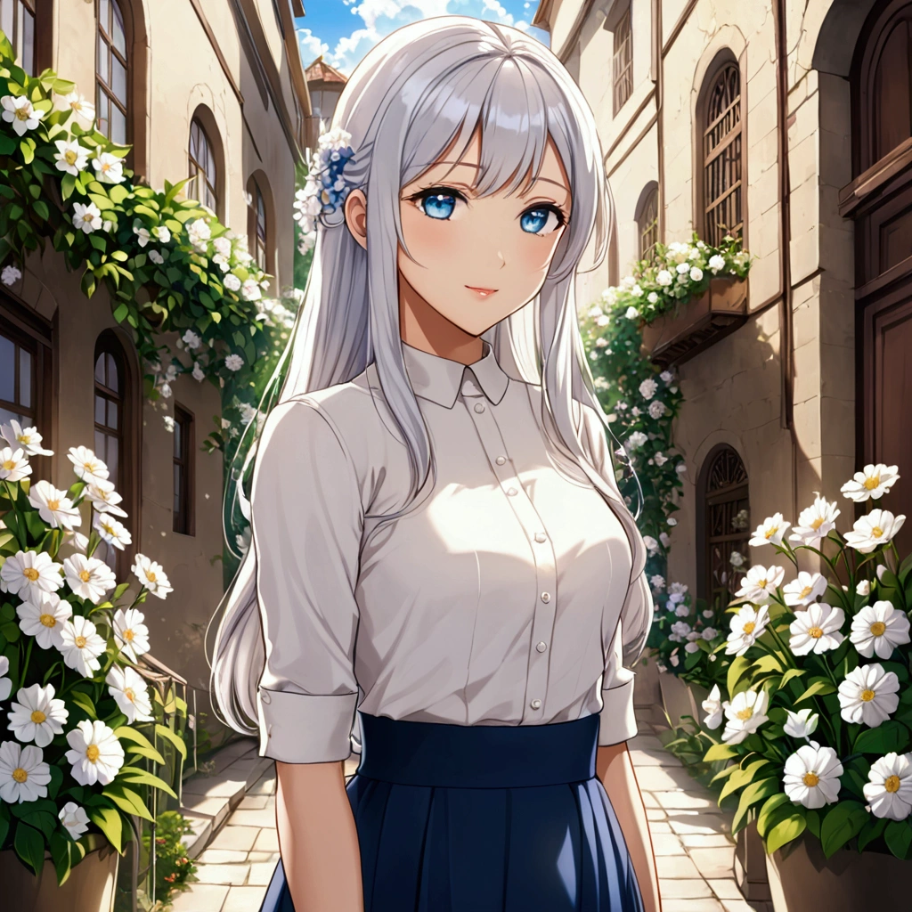 anime style, adult, friendly, blue eyes, long platinum hair, modest outfit, elegant style, slim body, white blouse, midi skirt, elegant, flowers, sunlight.