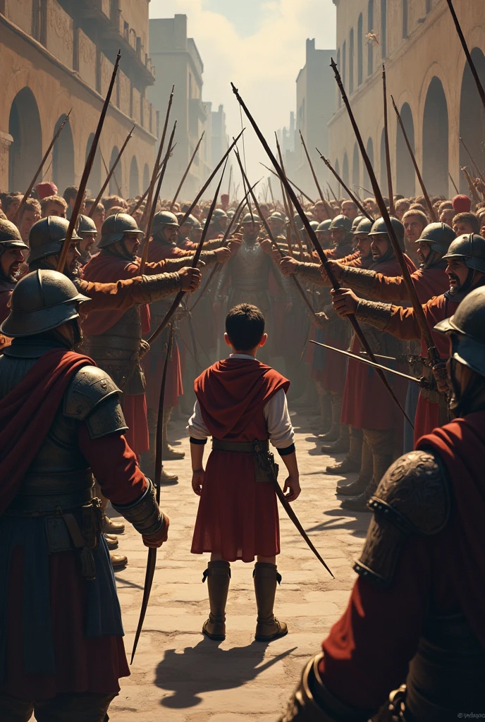 The king's men were pointing their bows at the boy amidst the crowd of witnesses, but the boy felt no fear at all.