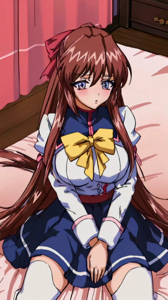 (Anime artwork, Anime Style, Studio Anime, Very detailed, up to date, Vibrant, Anime Coloring Book, High Contrast, masterpiece:1.2, Highest quality, Best aesthetics), (Beautiful and detailed eyes:1.2), Aoikan, 1 girl, Hair Ribbon, school uniform, Long sleeve, bow tie, Blue Skirt,Large midchest, blush, Lips parted, liar, On the bed, Pink Good, Sitting, From above, Lift up your shirt, Skirt Lift, No pants,White knee socks, Asymmetrical bangs, Perfect Proportions, Skin with attention to detail, cute, Detailed face