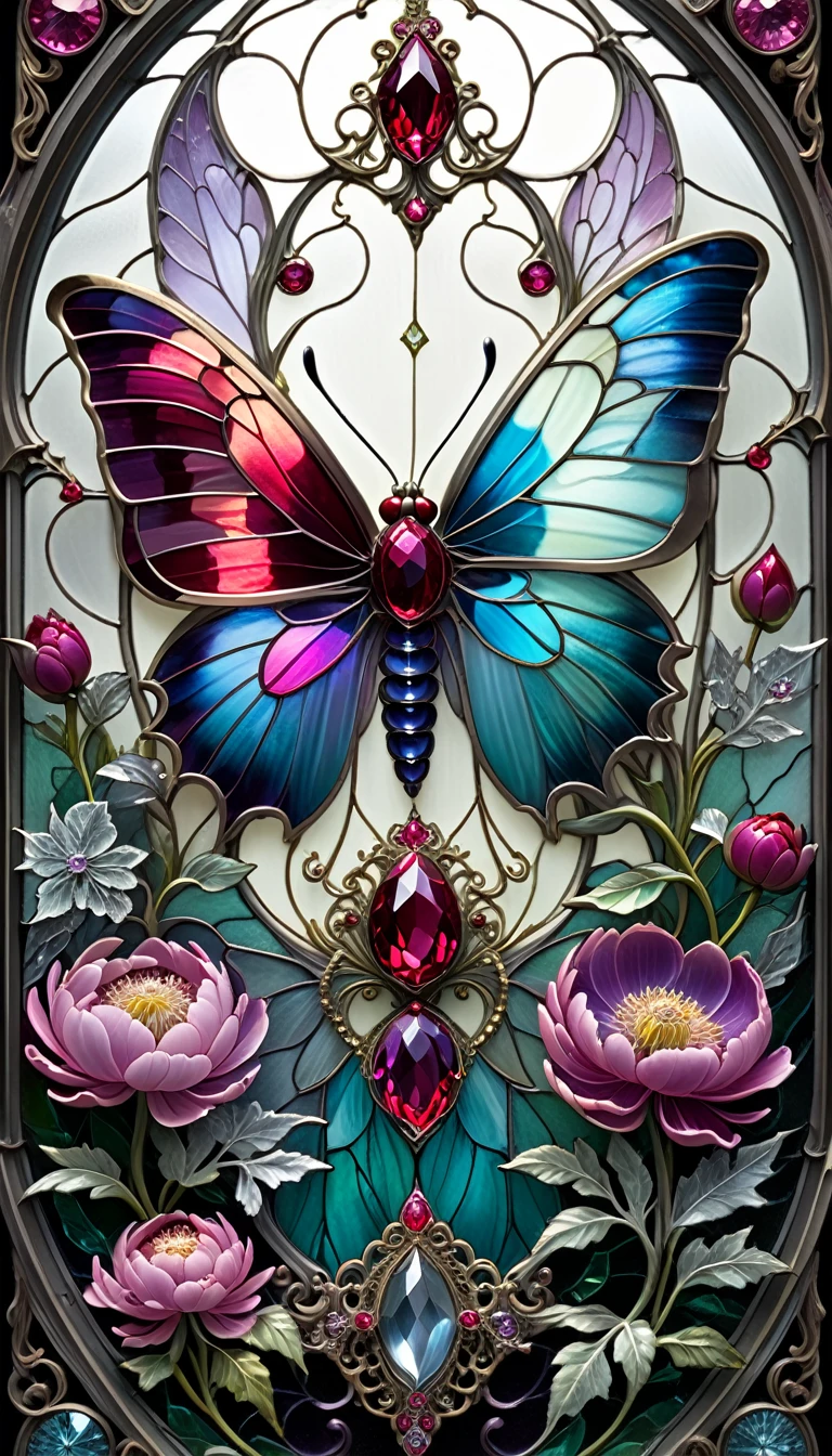 triadic colors, cinematic, official art, close fairytale transparent glass moth ruby peony flowers, ice hoarfrost, baroque, Craola, highly detailed stained glass wings, amethyst crystals, labradorite iridescent crystals, Andy Kehoe, John Blanche, complex highly detailed background, child book detailed illustration, fantasy, filigree, filigree detailed, intricated, cute
