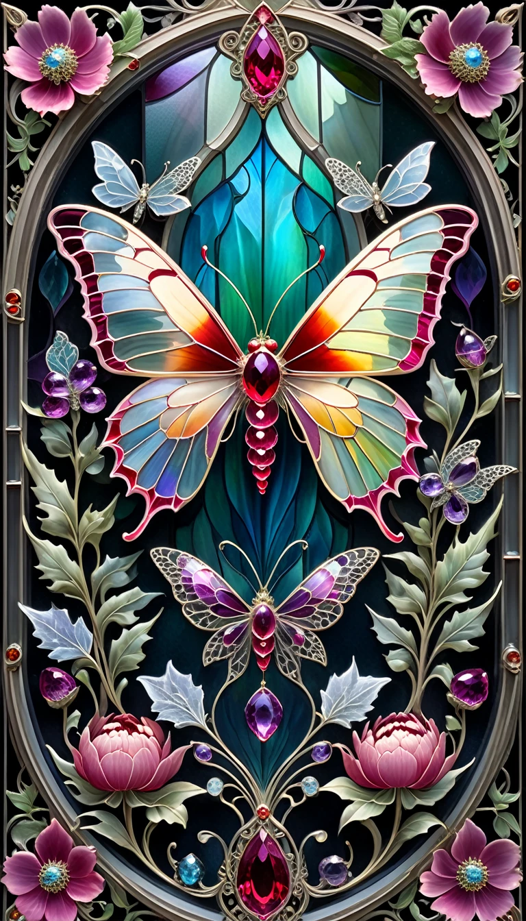 triadic colors, cinematic, official art, close fairytale transparent glass moth ruby peony flowers, ice hoarfrost, baroque, Craola, highly detailed stained glass wings, amethyst crystals, labradorite iridescent crystals, Andy Kehoe, John Blanche, complex highly detailed background, child book detailed illustration, fantasy, filigree, filigree detailed, intricated, cute