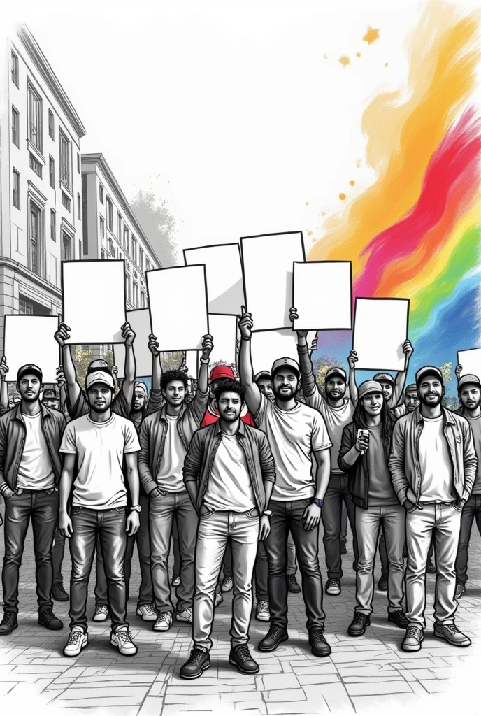group of energetic LGBTQ diverse men and women protesting with blank banners in a black and white sketch style with a colourful abstract image eminating from the bottom of the picture a group of people holding signs and standing in front of a building, group photo, official artwork, promo image, promotional poster, screen capture, full image, illuminating the area, popart