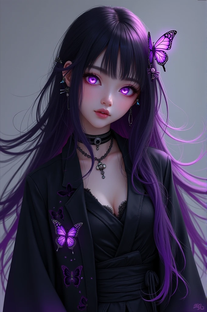 A girl with raven to purple hair and big purple eyes and wear black clothes and haori with butterfly pattern