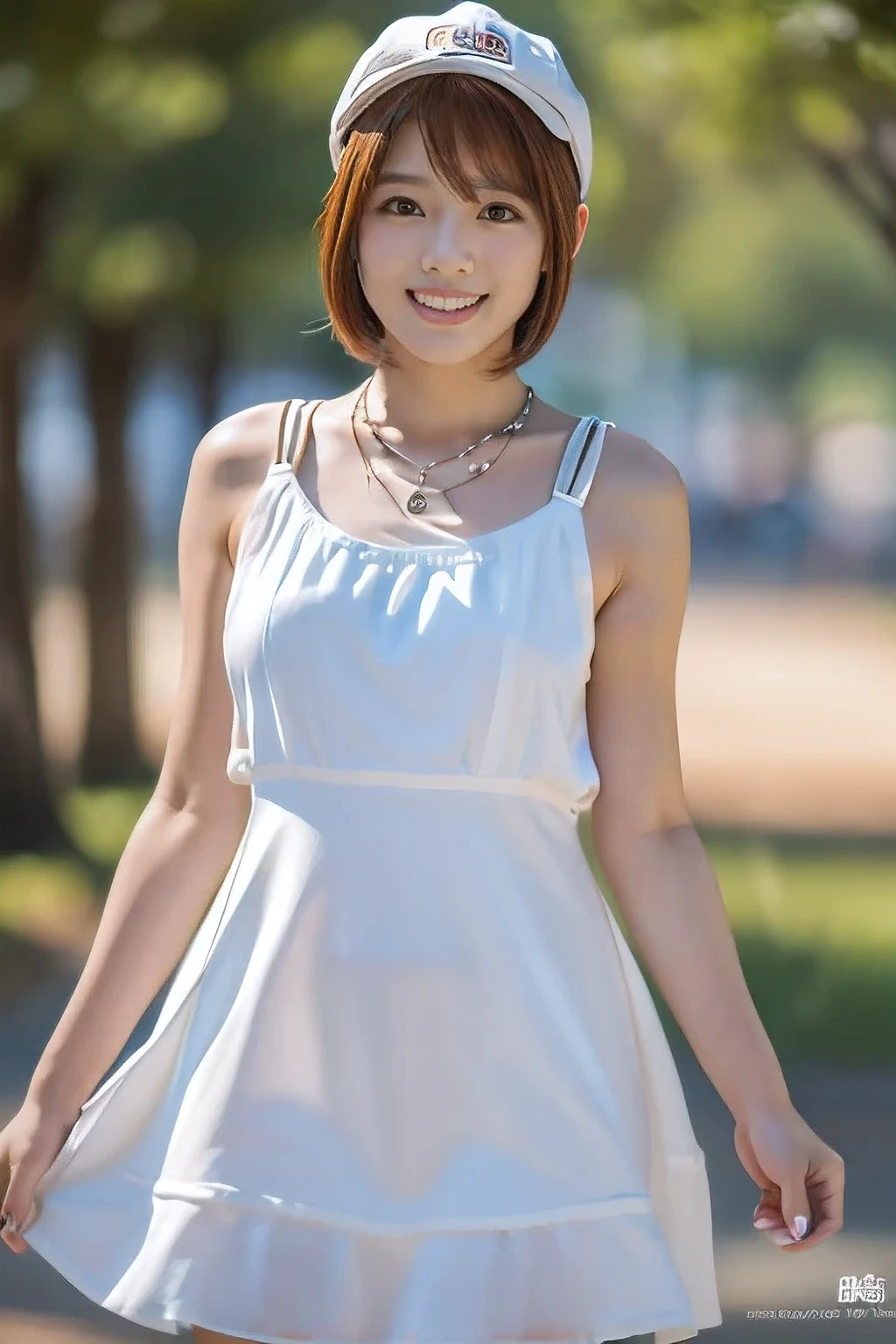 (at the park:1.5)、(Wearing a cap on a summer day:1.5)、(A cute smiling 18-year-old woman:1.5)、(The best quality at its best:1.4), (Super detailed), (Very detailed CG unified 16k), Beautiful woman with perfect figure: 1.4, Sharp focus: 1.2, Very detailed, High-quality RAW color photos, Professional photography, Great face and eyes, cosmetics, (Amazingly beautiful girl), ((White dress:1.5)), Realistic movie faces, Full body long view from head to toe, Realistic, ((Realistic natural orange red hairstyle)), ( Short Bob Hair:1.5), (necklace:1.5)、, Very beautiful face, Perfect model beauty, Mouth swelling, Very detailed face and skin texture, Fine grain, double eyelid, Medium chest, (masterpiece), Highest quality, High resolution, Very detailed, Blurred Background, Depth of written boundary, Cinema Lighting, Great legs, , Clear, well-maintained skin,((Full body shot from head to toe:1.5))