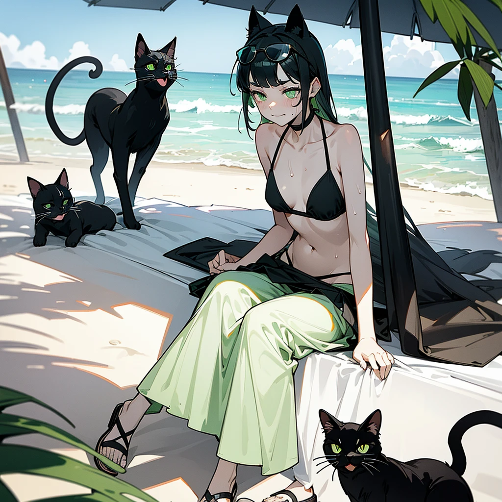 Black cat-eared sister, wearing sunglasses, green eyes, wearing a bikini, small breasts, tall and thin, long skirt, wearing sandals, having a black cat tail, holding an umbrella, yawning sleepily, on the beach, focusing on the sweaty face, cute, hot mouth