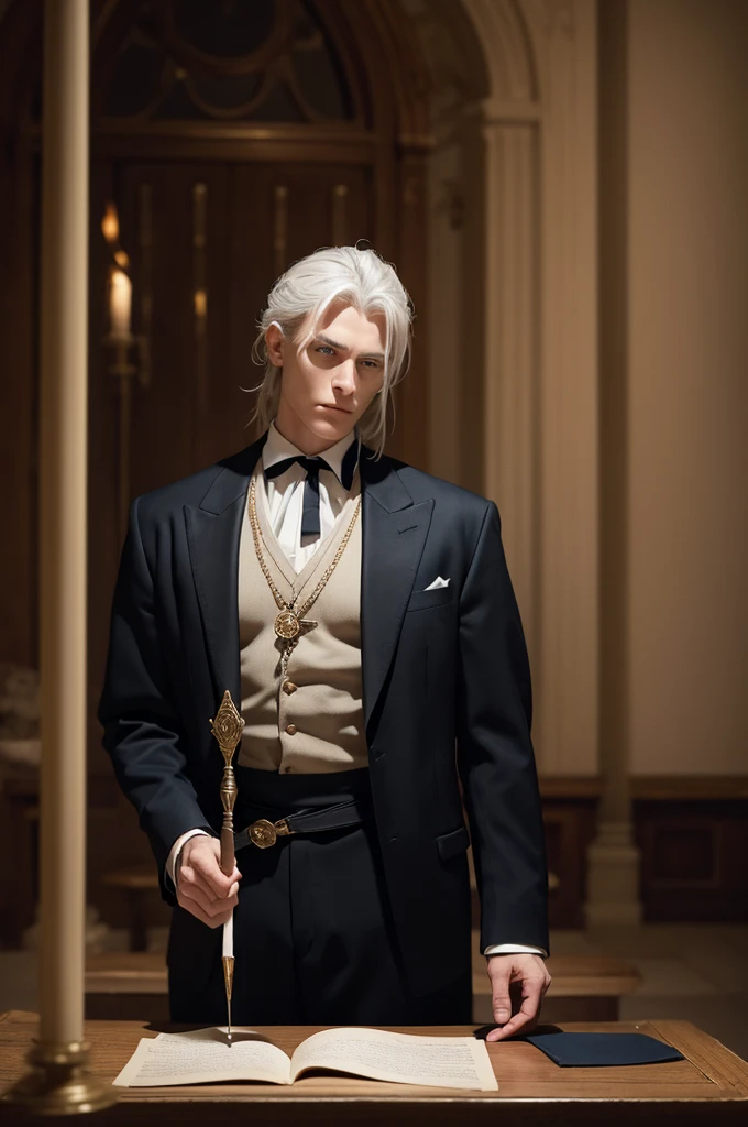 He is a man with blue eyes, a black suit, white hair, medium-length hair tied back, and an average body build. He holds a short staff in his hand. He holds the wand towards the parchment on the table and casts a spell. His entire body can be seen in a dimly lit environment. realistic digital art