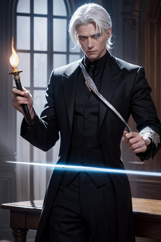 He is a man with blue eyes, a black suit, white hair, medium-length hair tied back, and an average body build. He holds a short staff in his hand. He holds the wand towards the parchment on the table and casts a spell. His entire body can be seen in a dimly lit environment. realistic digital art