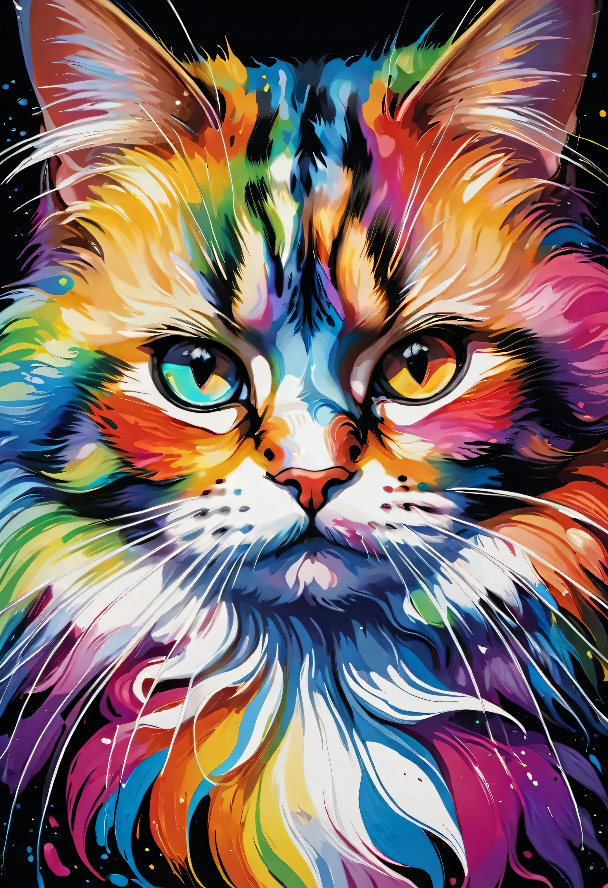 Cat Painting with a colorful face and eyes, 美しいart UHD 4K, Detailed painting 4k, art:Alessandro Pautasso, Rendered in high resolution, Vadim Kashin. Ultra-realistic, in a Cat Painting, Painted in vibrant watercolors, Colourful and detailed, Detailed 4K painting, Cat Painting