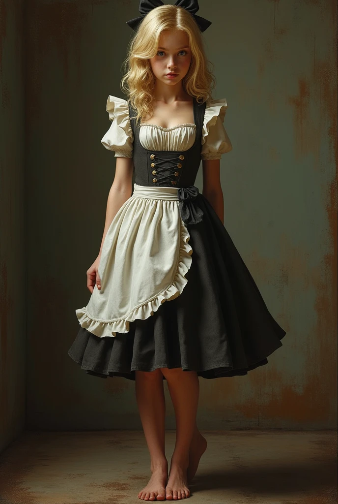 14-year-old girl in maid outfit with big breasts (Gothic style) torn skirt golden body proportion messy blond hair (inner splayed feet) (very detailed CG unity 8k wallpaper) big breasts torn skirt ruddy and shy Ed Blinkey America&#39;s most beautiful body art, ATey Ghailan, painting by Jeremy Professional Gorgeous Mann, Greg Manches, Antonio Moro, Artstation Trends, CGSOC IETY TRENDS, intricate, tall detailed, accurate, dramatic realism art, cg, 3d, 8k 4k