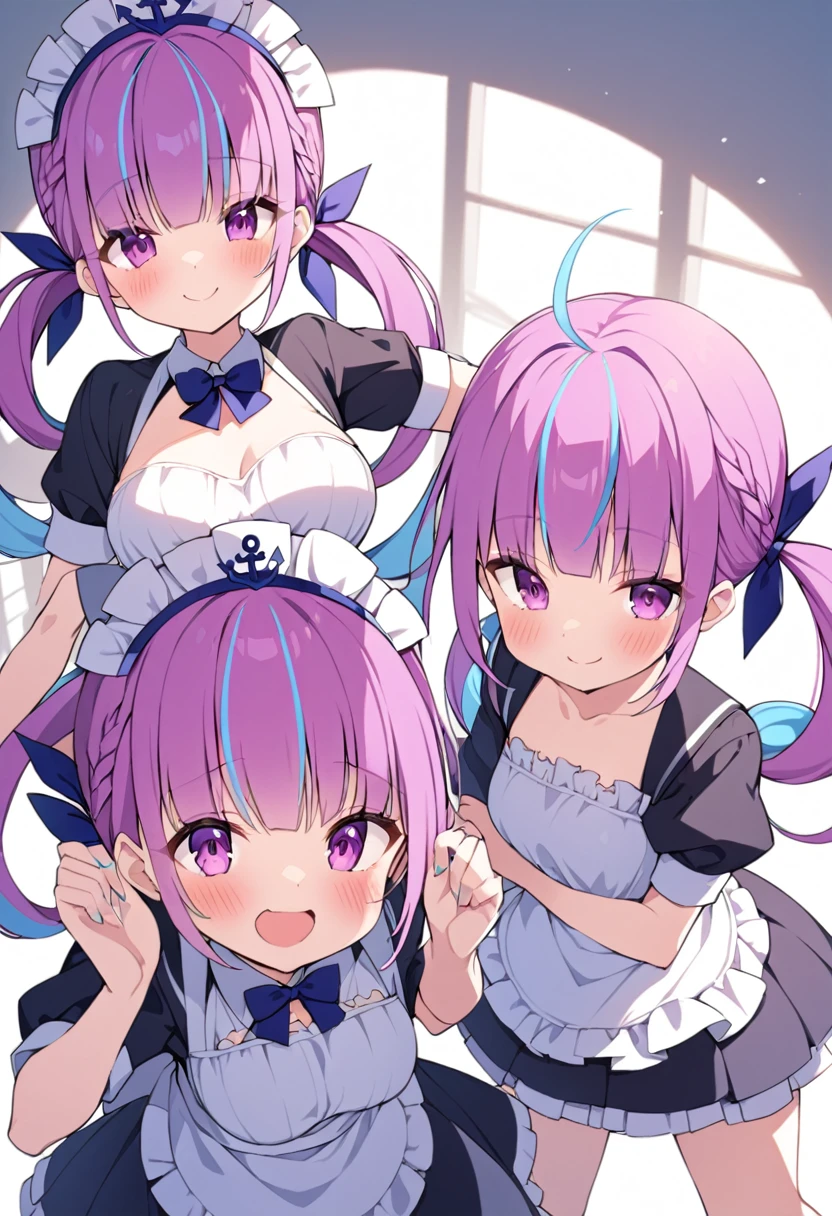 Minato Aqua,hololive,purple hair,blue hair,purple eyes,large breasts,dress、Small breasts、maid、Hololive、smile、be happy、Red cheeks