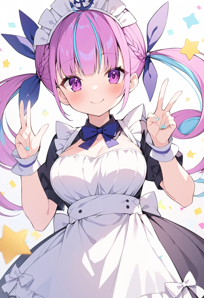 Minato Aqua,hololive,purple hair,blue hair,purple eyes,large breasts,dress、Small breasts、maid、Hololive、smile、be happy、Red cheeks