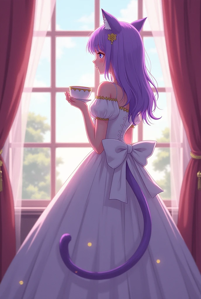 anime girl standing by Window, purple hair, wear a dress content tea cup royal, have tail and ear cat white, in Princess dress, she turned in the opposite direction from the window