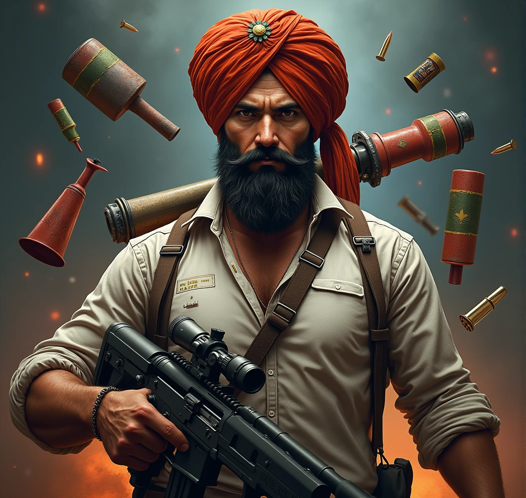 Create a half  picture(include shoulder s)with punjabi turban,less beard and gun on shoulder and background with pubg items such as Pan,ganrade, AWM, bullets , aeroplane ,airdrop etc