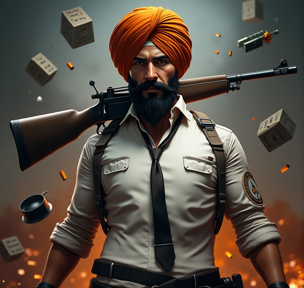 Create a half picture(include shoulder s)with punjabi turban,less beard and gun on shoulder and background with pubg items such as Pan,ganrade, AWM, bullets , aeroplane ,airdrop etc