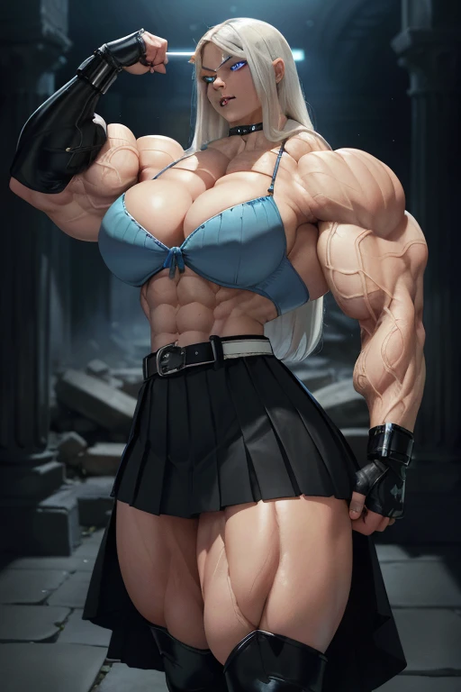 ((Close-up)), tall, (White hair) beautiful muscular woman, long straight hair, light brown skinned, closed smile, (black lipstick), (massive muscles), (hyper muscle), (((ginormous bulky muscles))), (((glowing blue eyes with no pupils))), ((white bra)), (((long black pleated skirt with belt))), (fingerless gloves), necktie, boots, in a ancient ruins