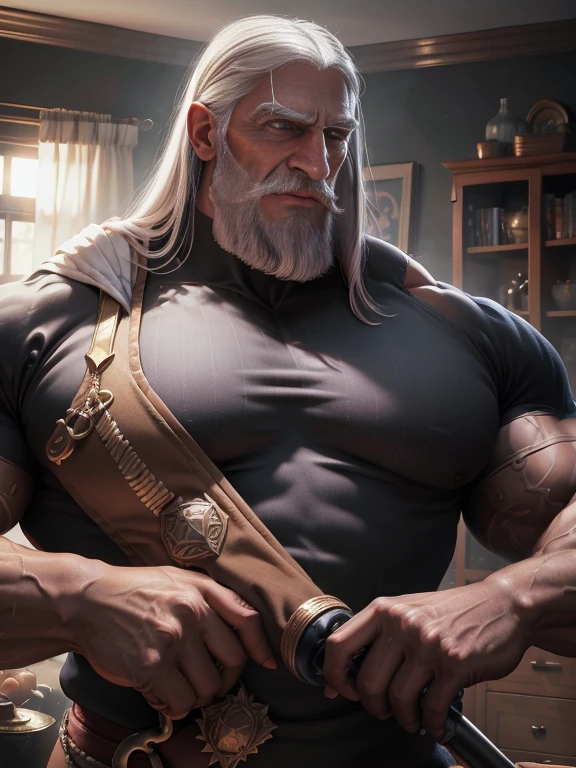 Old man, JP, An award-winning original photo, ( brown skin color),((very dark skin)), long gray hair, full white beard, A wild muscular old man, (80 years old daddy:1.1), sexy old daddy, 1boy, Solo, (tanktop), (big shoulders), musculature, huge chest, huge body, ((big nose)), Tall and burly, Extremely detailed depictions of faces, larger than life nose; make nose cartoonishly huge, stubbles, dark skin, long grey hair, thick grey beard, Detailed face, (evil smile), blue eyes, veins, wrinkles, big old man nose, nose with pronounced bridge and outward curve that protrudes from the base of the nose, robust appearance, dark olive skin color, brown skin, veins, absurdly huge nose, hawk nose, convex nose, well groomed moustache, (flexing his biceps), detailed nose, Dynamic Angle, volumetric lighting, (Best quality, A high resolution, Photorealistic), Cinematic lighting, Masterpiece, RAW photo, Intricate details, ((big convex nose)), head looking above, hdr, upper body shot, absurdly huge bulge, broad shoulders, sweaty body, colossal, muscle domination, enormous physique, big crotch, giant, thick arms, thick thighs, veiny hand, 