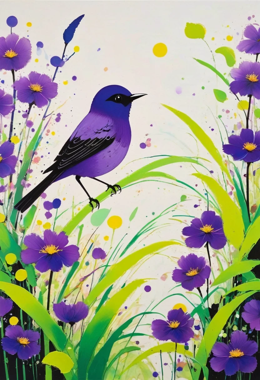 (((Colorful black,Oil stick painting,Volume,Thick coating,Uneven texture,Plaster texture,Graffiti)))。Colorful black,A small bird rests on the water grass, Bright colors的鸟, Purple和, cute的, Bright colors,cute, Lavender Color and Color Schemes, 和Purple的配色方案, Mysterious Birds, Beautiful Art, Purple, Whimsical Art, 和Purple色调, Lime and Violet, Close together,, spring, Inspired by Tomokazu Matsuyama, Delightful
