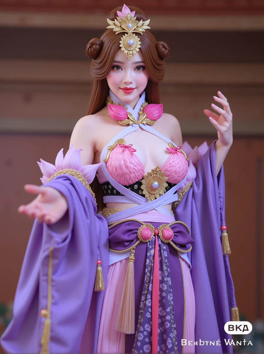 (masterpiece, best quality, 8k, (raw photo:1.2),((photorealistic)), ultra-detailed, highres, extremely detailed), Photo of a attractive woman in diaochan cosplay costume, Kings Impact Diao Chan Cosplay Costume, moderately large breasts, lotus detail, fussy hair accessories, (delicate, gentle pose), pose for photo, (((beautiful eyes))), meticulous makeup, curled eyelashes, ((looking at viewer)), light smile, no background, professional photographer studio lighting, (cosplay character game), ((((((full body))))), (((wide angle))), three of kingdoms