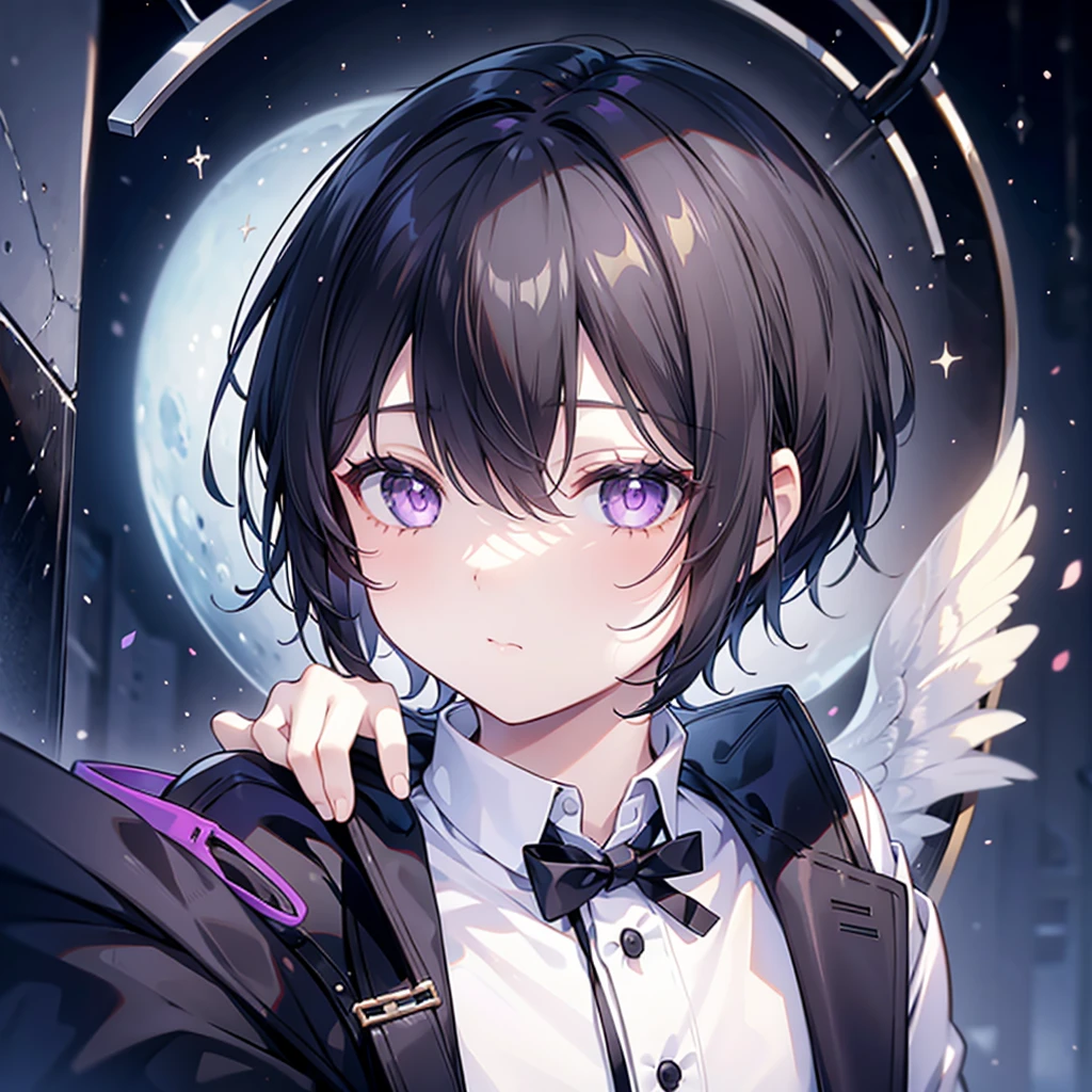 A boy who looks like a girl, short, high school student, black hair, Short hair that reaches down to the shoulders, Right bangs that reach the shoulders, purple eyes, Wearing pants, 