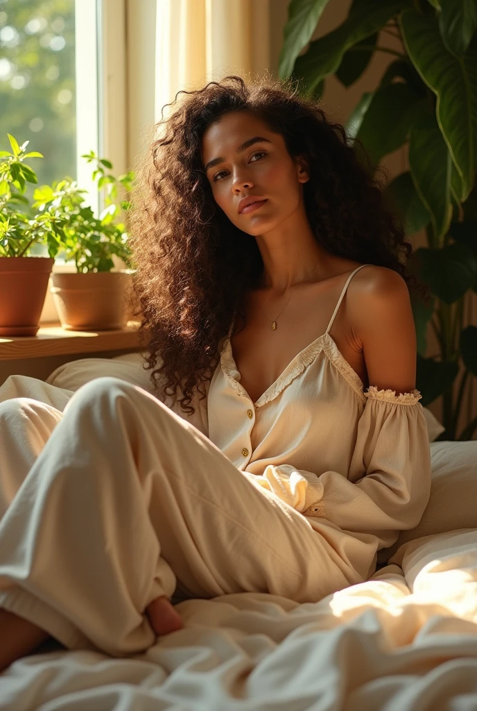 (photorealism:1.2), beautiful woman, sitting on bed, wearing loose off-shoulder top, pajama pants, long curly hair, indoors, soft lighting, plants in background, window with sunlight, cozy room, relaxed pose, realistic, intricate details, warm colors, by Greg Rutkowski, by Alphonse Mucha