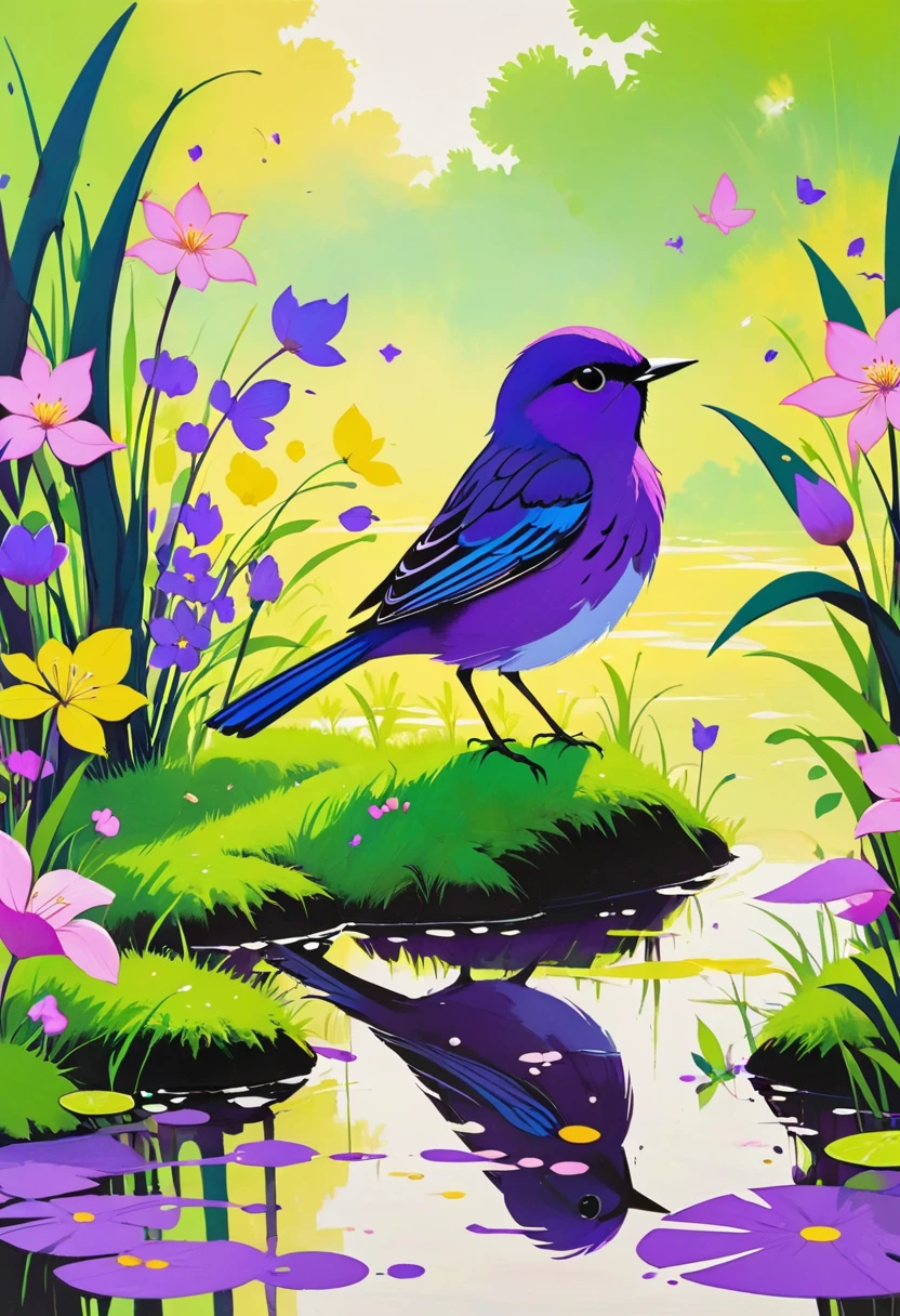 (((Colorful black，Oil stick painting，Volume，Thick coating，Uneven texture，Plaster texture，Graffiti)))。Colorful black，A small bird rests on the water grass, Bright colors的鸟, Purple和, cute的, Bright colors，cute, Lavender Color and Color Schemes, 和Purple的配色方案, Mysterious Birds, Beautiful Art,  Purple, Whimsical Art, 和Purple色调, Lime and Violet, Close together,, spring, Inspired by Tomokazu Matsuyama, Delightful