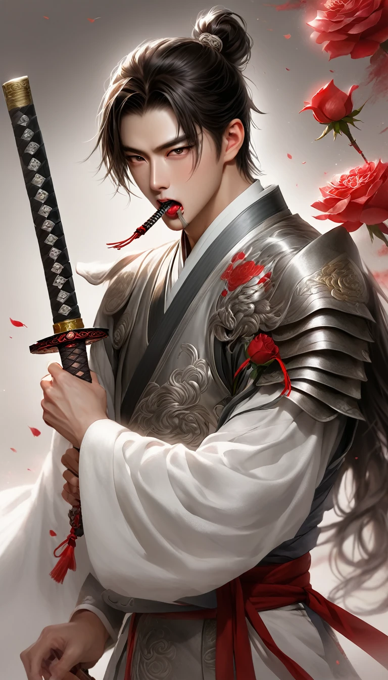 warrior,young man、juvenile、knife、Hanfu,robe,Handsome Face Shape,handsome man、lively, silver body armour, biting a red rose in his mouth, holding a sword