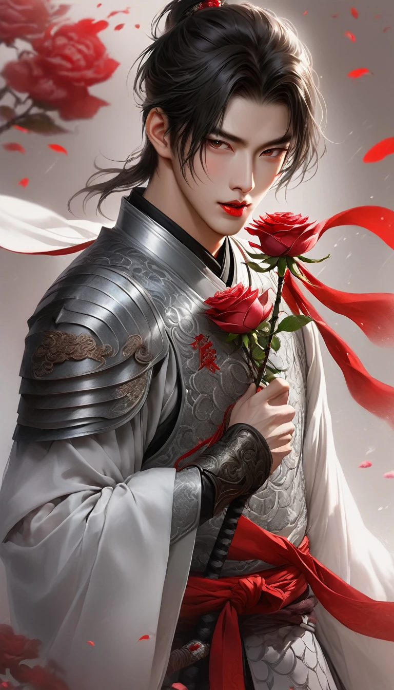 warrior,young man、juvenile、knife、Hanfu,robe,Handsome Face Shape,handsome man、lively, silver body armour, biting a red rose in his mouth, holding a sword