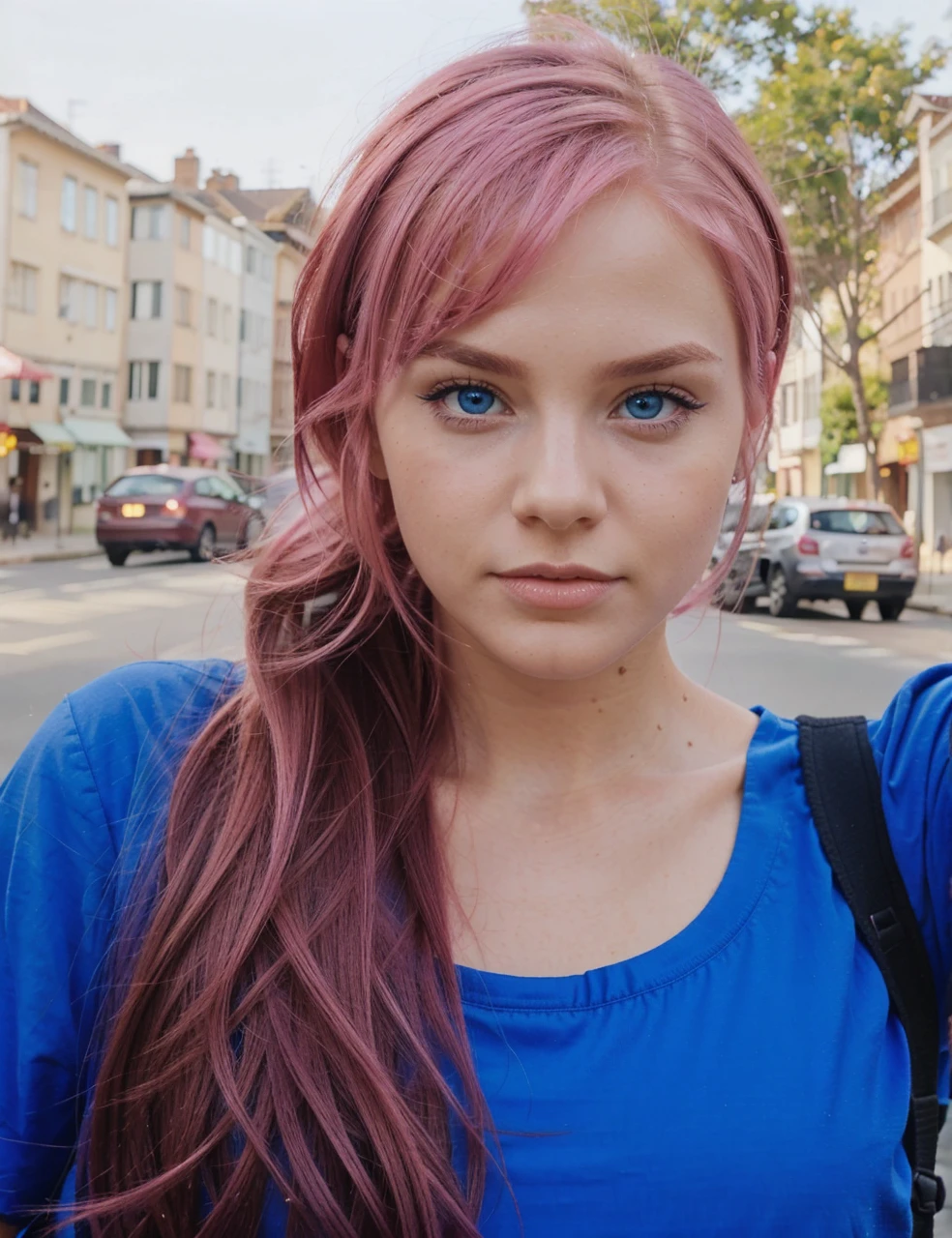 young woman with pink hair, blue eyes