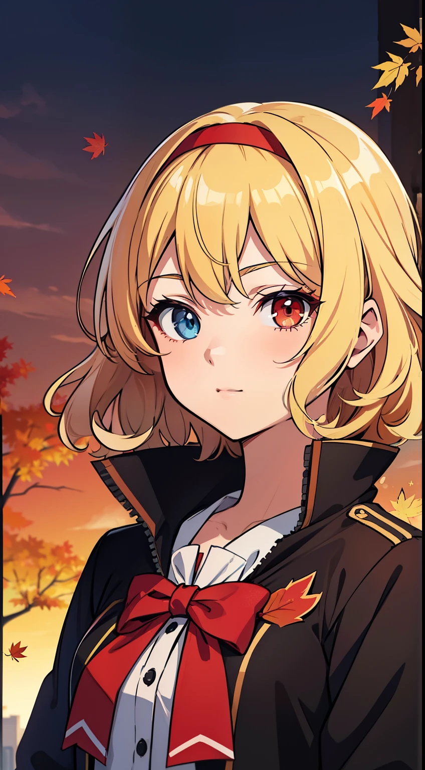 (high-quality, breathtaking),(expressive eyes, perfect face) 1girl, female, solo, teenager, Symmetrical Eyes, light blonde hair, Heterochromia left red and right brown eye color, short hair length, curly wavy hair, red headband, red ribbon in hair, fluffy jacket, shirt, cute black shorts, portrait, autumn theme, autumn background, fantasy school attire, flying maple leaf's, sunset sky
