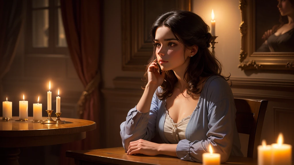A woman sitting at a table with a candle in her hand, Looking into the distance,Realistic painting by Delphin Enjolras, tumbler, classical realism, Candlelight, Albert Lynch, hildebrandt, Charles Sillem Lidderdale, greg hildebrandt highly detailed, Candlelight, Delphine Anjoras, Candlelighting, Candlelight, lit in a dawn light,Highest quality